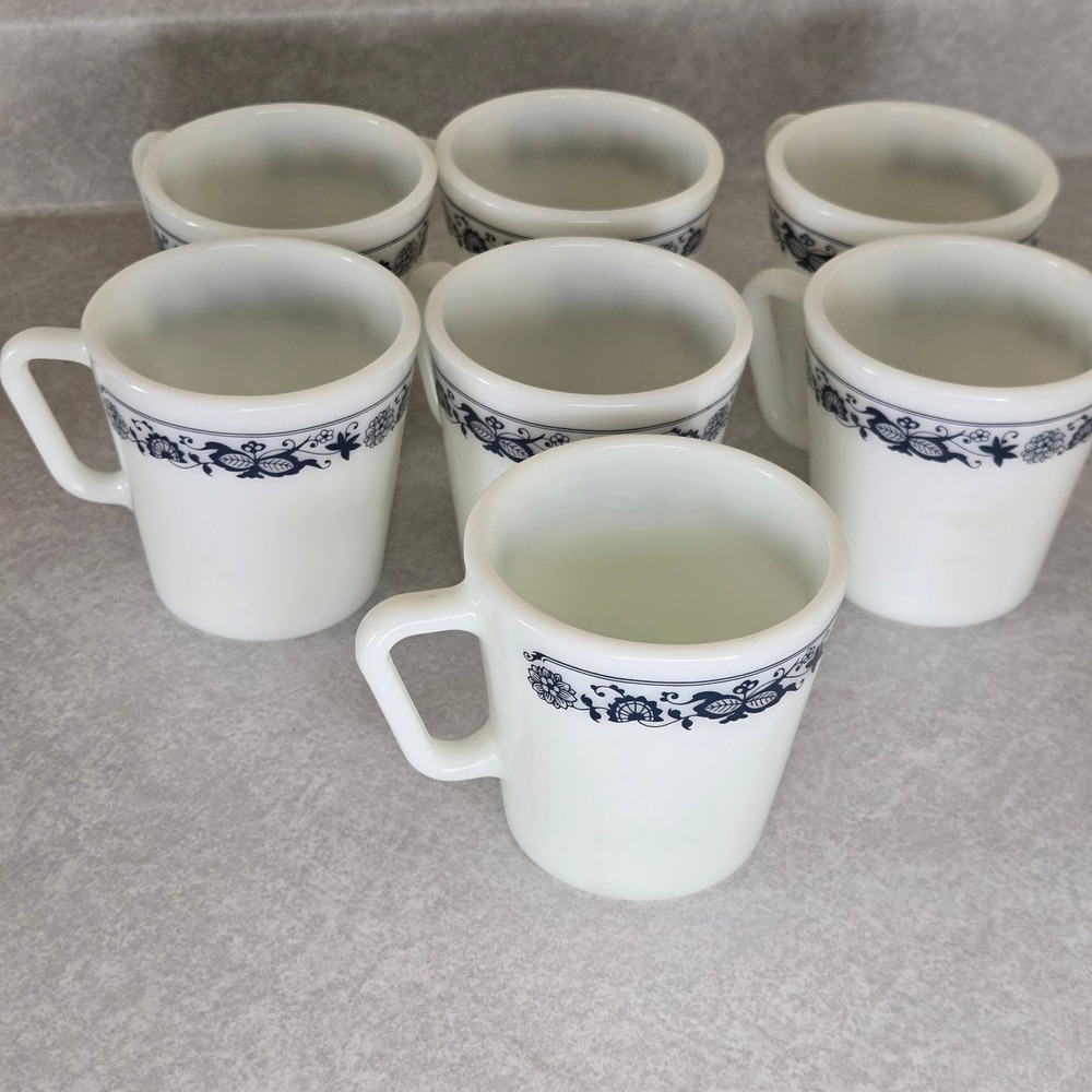 Vintage Pyrex Mugs Set of 8 White Milk Glass Coffee Cups Floral